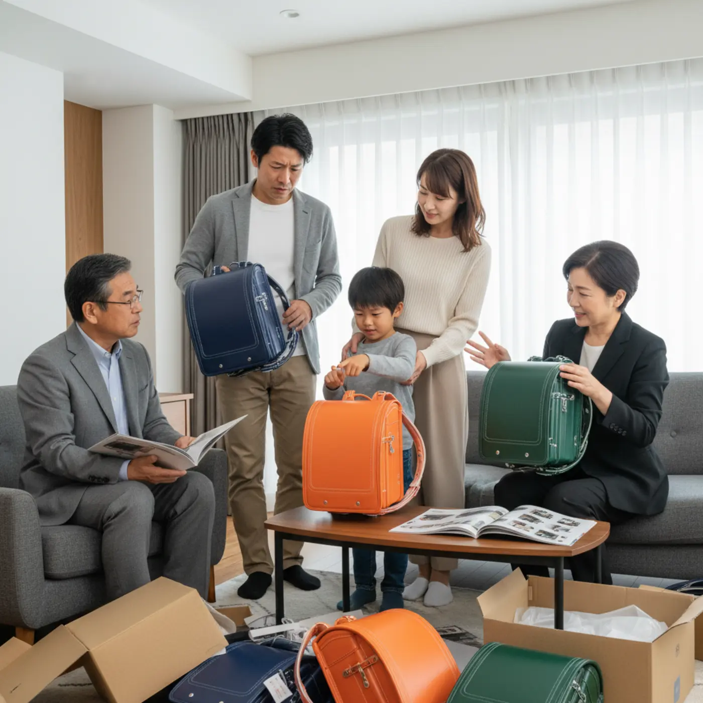 孫のランドセル選びで、子供の希望とスポンサーである義実家の意見が対立し、板挟みになって困惑する両親のイラスト。義実家の暴走トラブルを象徴する一枚。