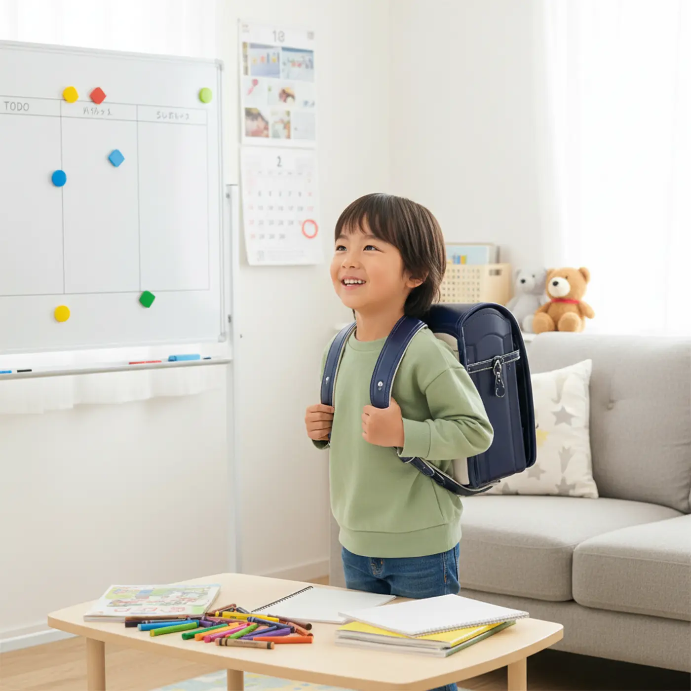 入学準備で届いた真新しいランドセルを背負い、小学校入学を心待ちにしている子供。入学式までの空白期間を有意義に過ごすためのTODOリストのイメージ画像。