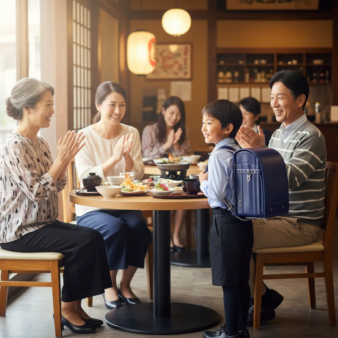 入学祝いをくれた祖父母を食事会に招待し、ピカピカのランドセル姿を披露する子供。形式的な内祝いよりも、思い出を共有する「体験ギフト」としてのお返しが喜ばれる様子。
