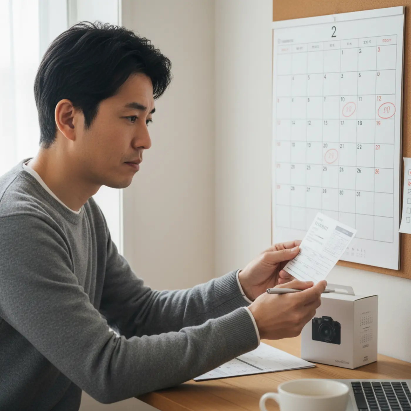 保証書とカレンダーを見ながら考える人物のイラスト。製品の保証期間が購入時から開始されることや、初期不良のチェックを適切なタイミングで行うことの重要性を示しています。