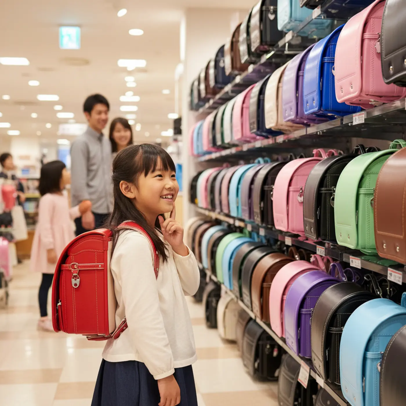 百貨店の売り場で、赤いランドセルを背負って笑顔を見せる女の子。後悔しないランドセル選びのため、どこで買うか豊富な品揃えの中から慎重に選んでいる様子。