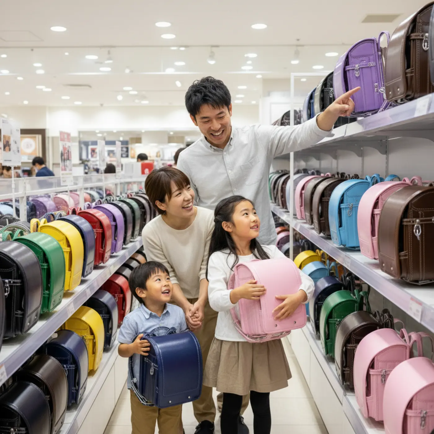 百貨店や量販店に並ぶ色とりどりのランドセルの前で、どれにしようか楽しそうに選んでいる親子。お子様に最適なランドセルをお得に購入するためのポイントを解説します。
