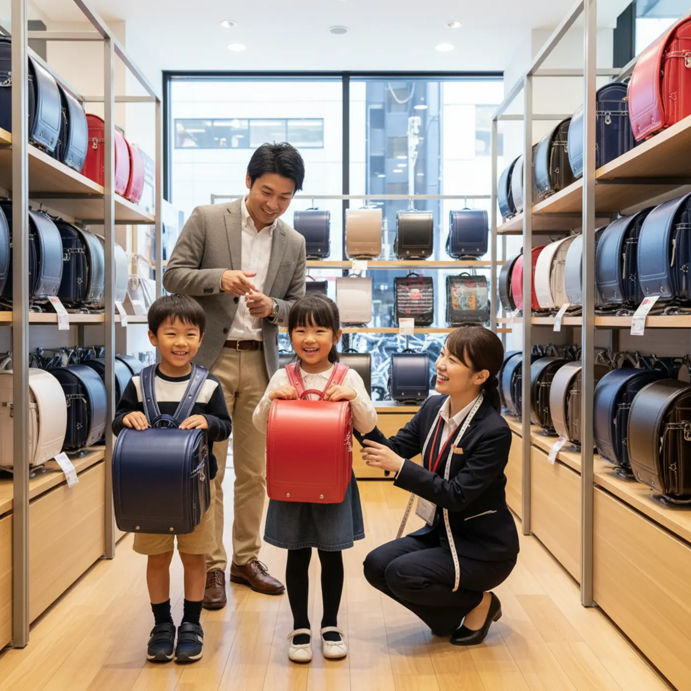 「天使のはね」で人気のセイバンのランドセルが購入できる直営店や百貨店を紹介。専門スタッフに相談しながら、子供にぴったりのランドセルを笑顔で選んでいる家族の様子。