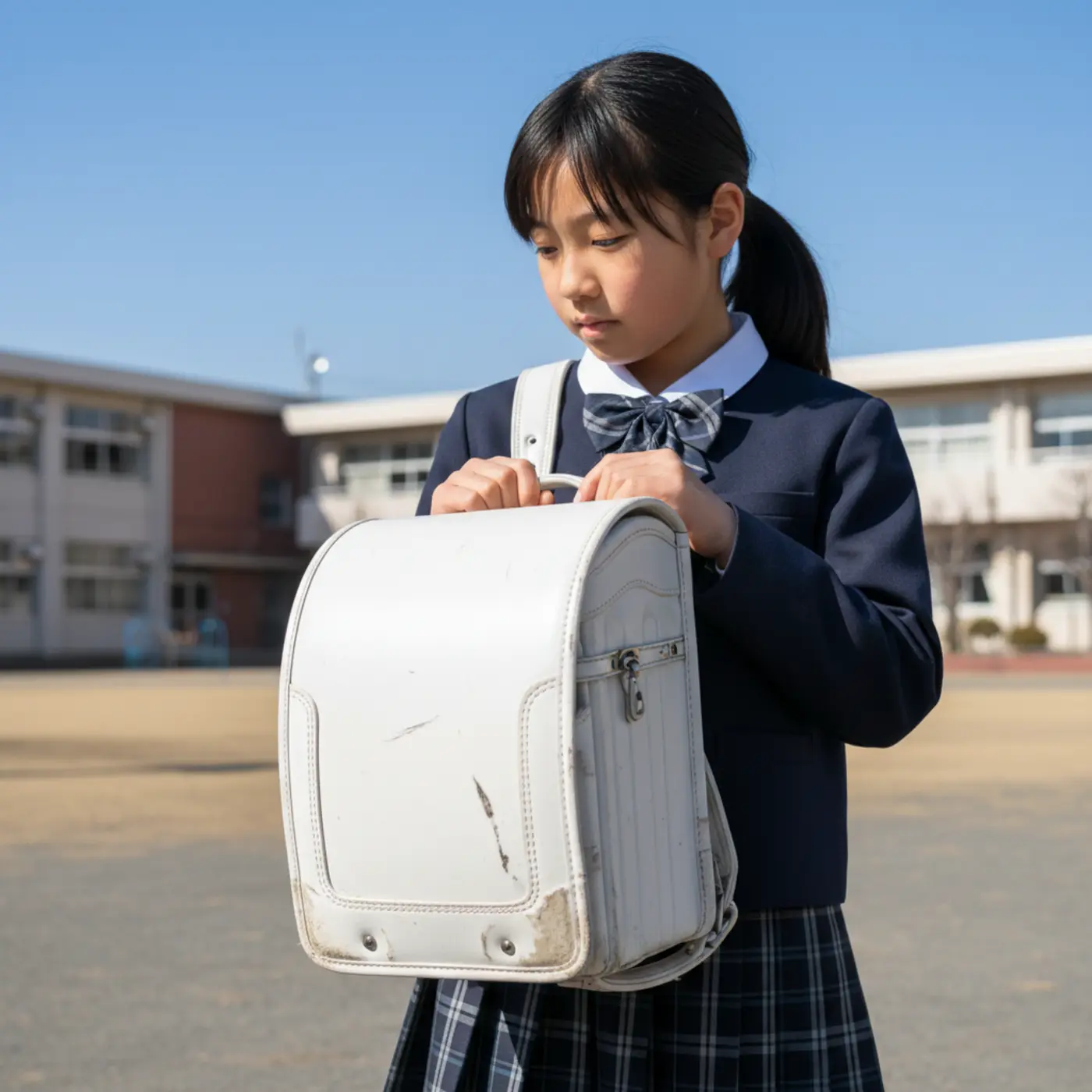 6年間使用した後の白いランドセルのリアルな状態を示す写真。経年による汚れや傷がどの程度つくのかを具体的に紹介し、購入後に後悔しないための判断材料を提供します。
