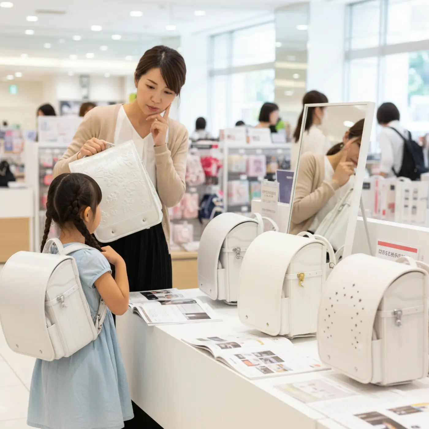 様々なブランドの白いランドセルを比較検討している画像。デザインや素材、機能性の違いを見比べ、子供に最適なものを選ぶ際の参考になる様子。