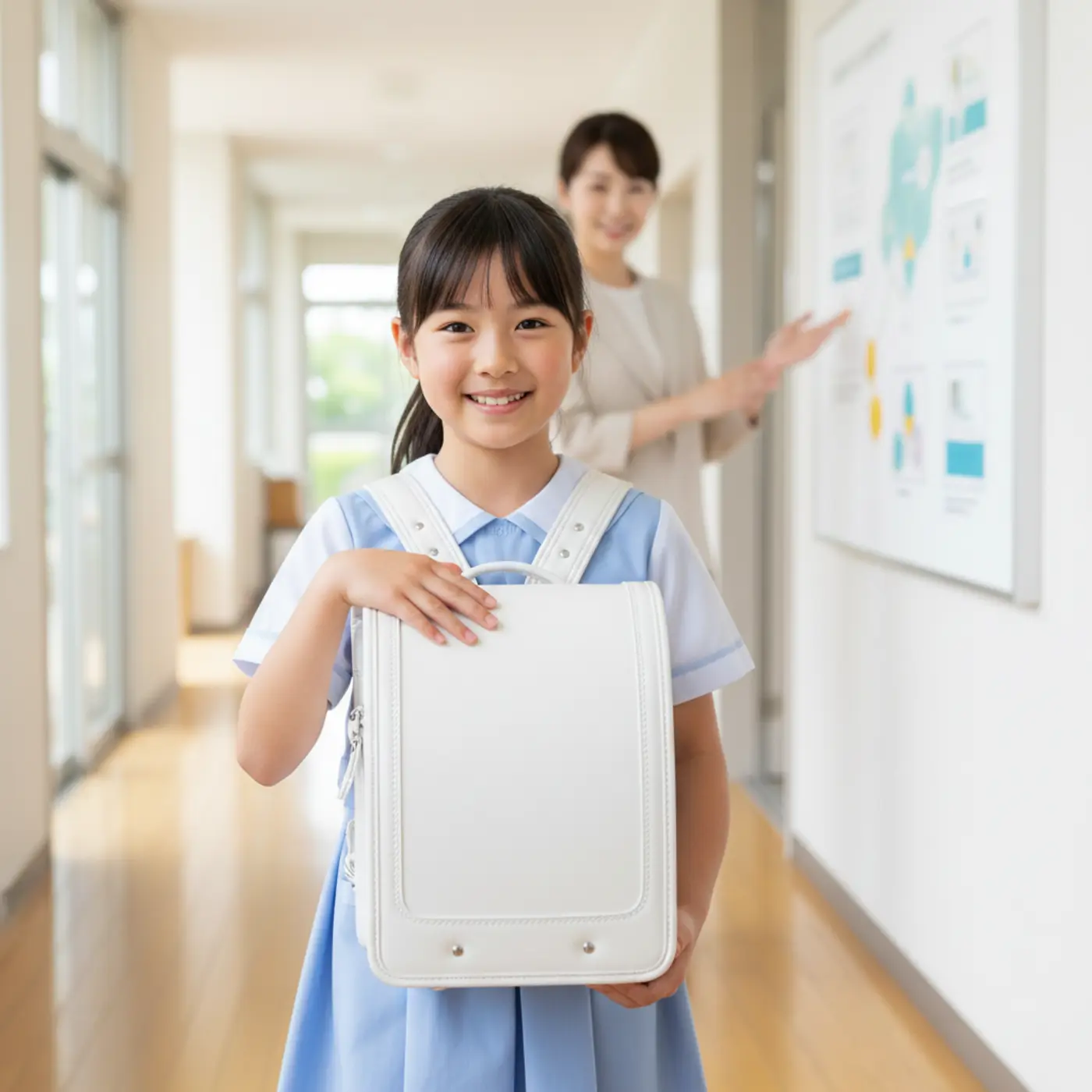 大切に手入れされた白いランドセル。最新の素材と正しいケア方法を知れば、汚れを心配しすぎることなく、6年間きれいに使い続けることができます。