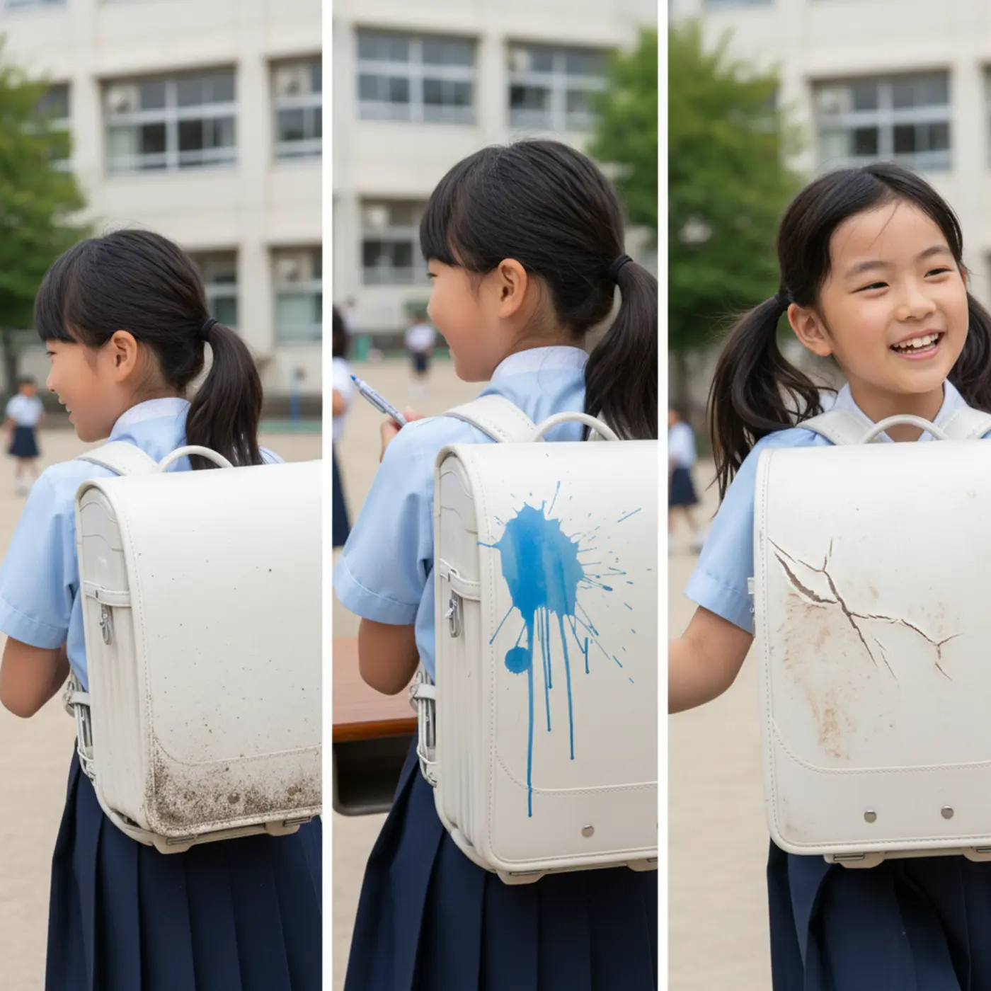 白いランドセルが汚れる3つの主な原因を図解したイメージ。黒ずみやインク、傷などの汚れのメカニズムが分かりやすく描かれている。