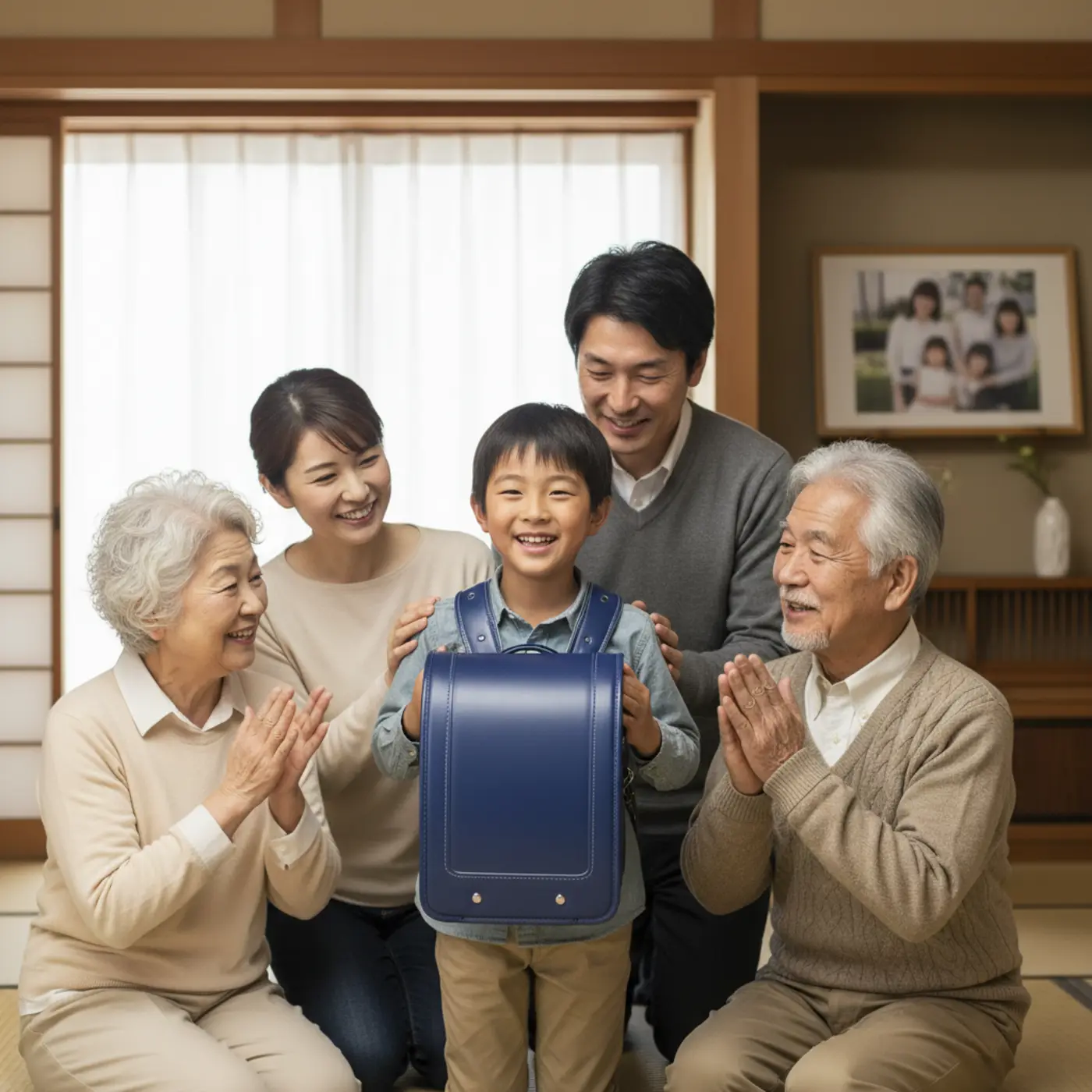 「誰が買うか」で悩みがちなランドセル選び。祖父母と両親に囲まれ、真新しいランドセルを背負って笑顔の子供と、それを見守る家族の幸せな様子。