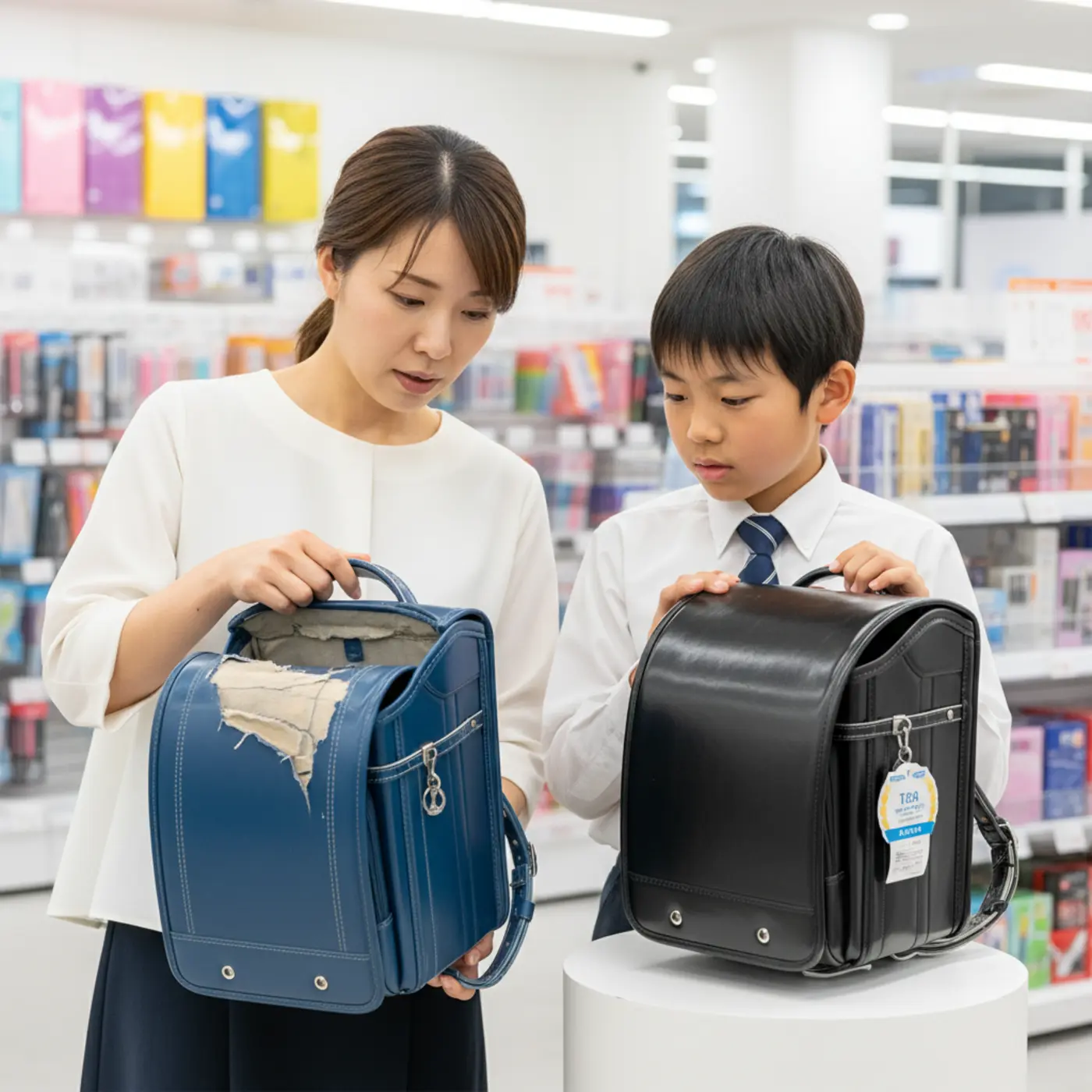 メルカリなどフリマアプリで購入した中古ランドセルのリスクを示す画像。見た目は綺麗でも、内部の劣化や保証がない危険性を説明し、新品の購入を推奨している。