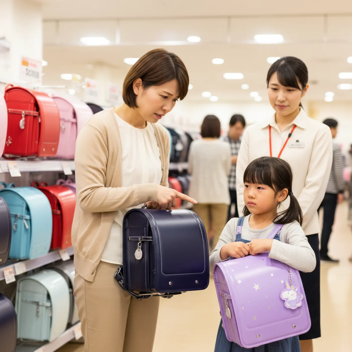 ランドセル選びで意見が対立し、困った表情を浮かべる親子。なぜ親は自分の意見を押し付けがちになるのか、その心理的な背景や現代のラン活事情について解説するための画像。