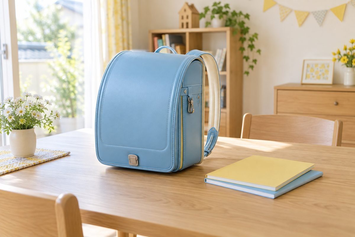 入学準備の明るい部屋。日本の小学生用ランドセルと無地のノート