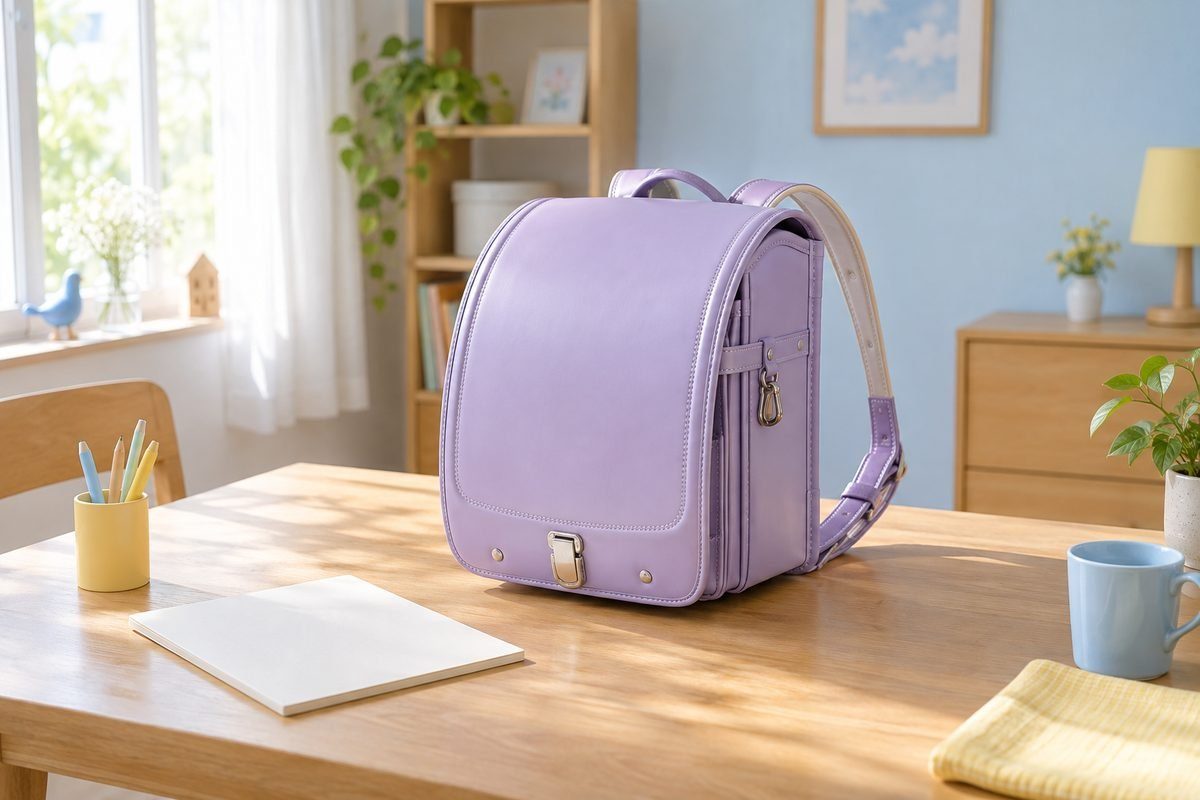 入学準備の明るい部屋。日本の小学生用ランドセルと無地のノート