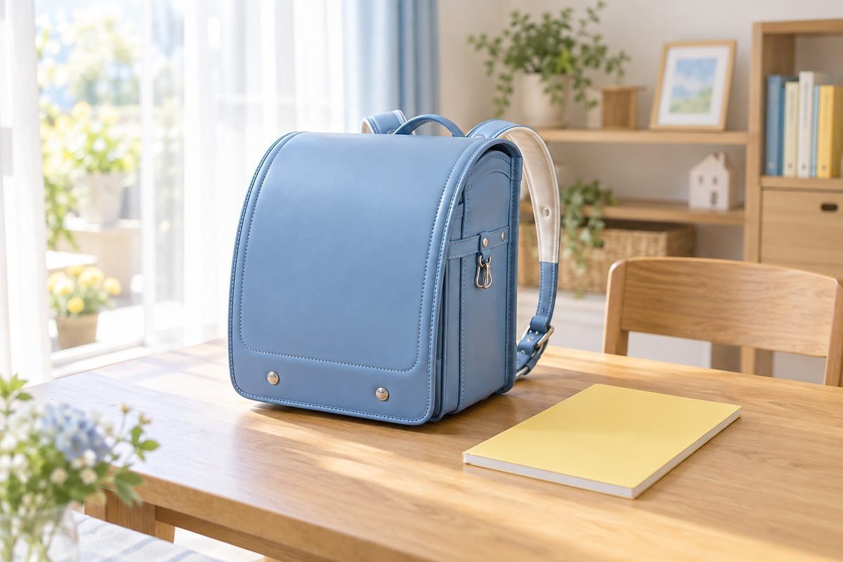 入学準備の明るい部屋。日本の小学生用ランドセルと無地のノート