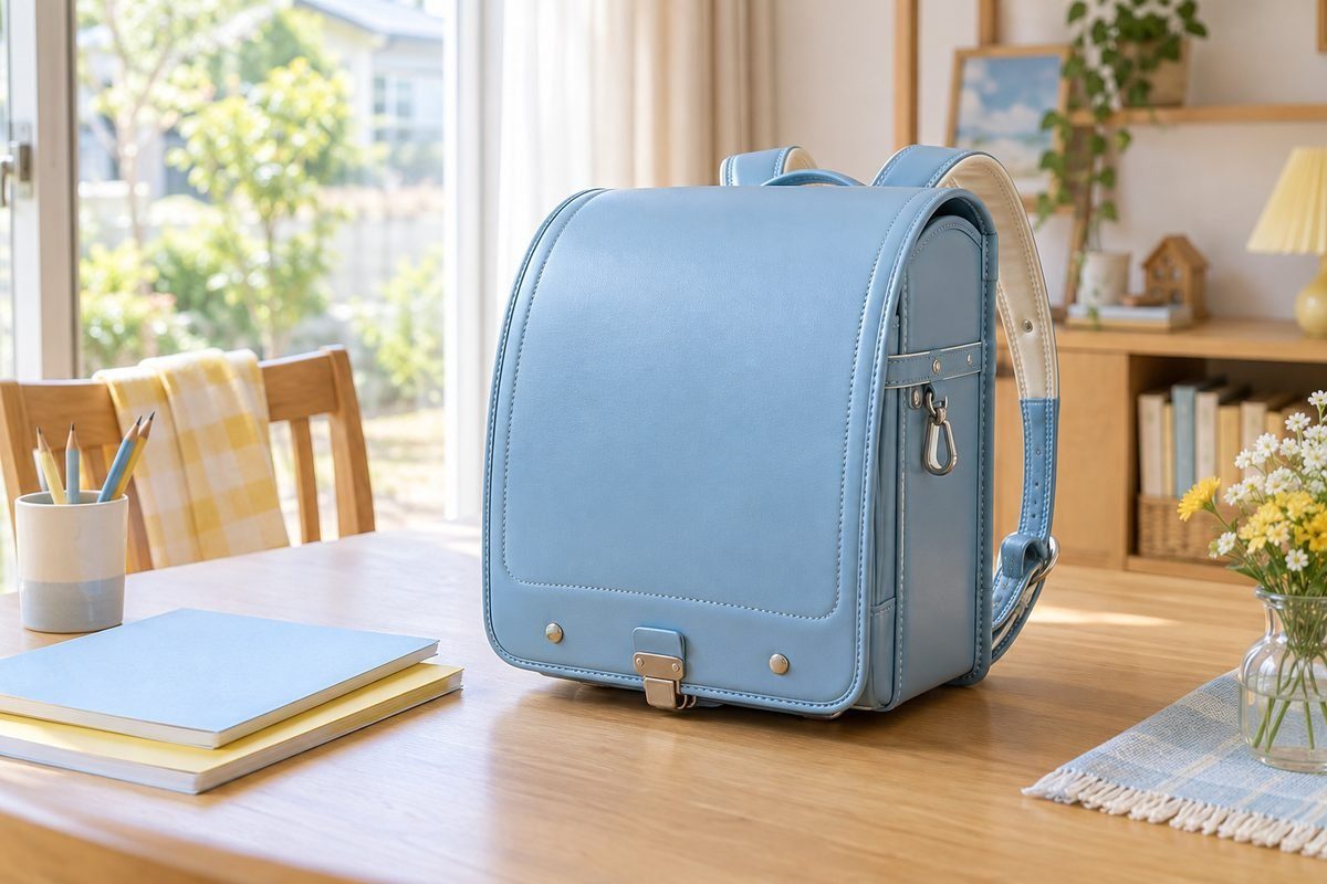 入学準備の明るい部屋。日本の小学生用ランドセルと無地のノート