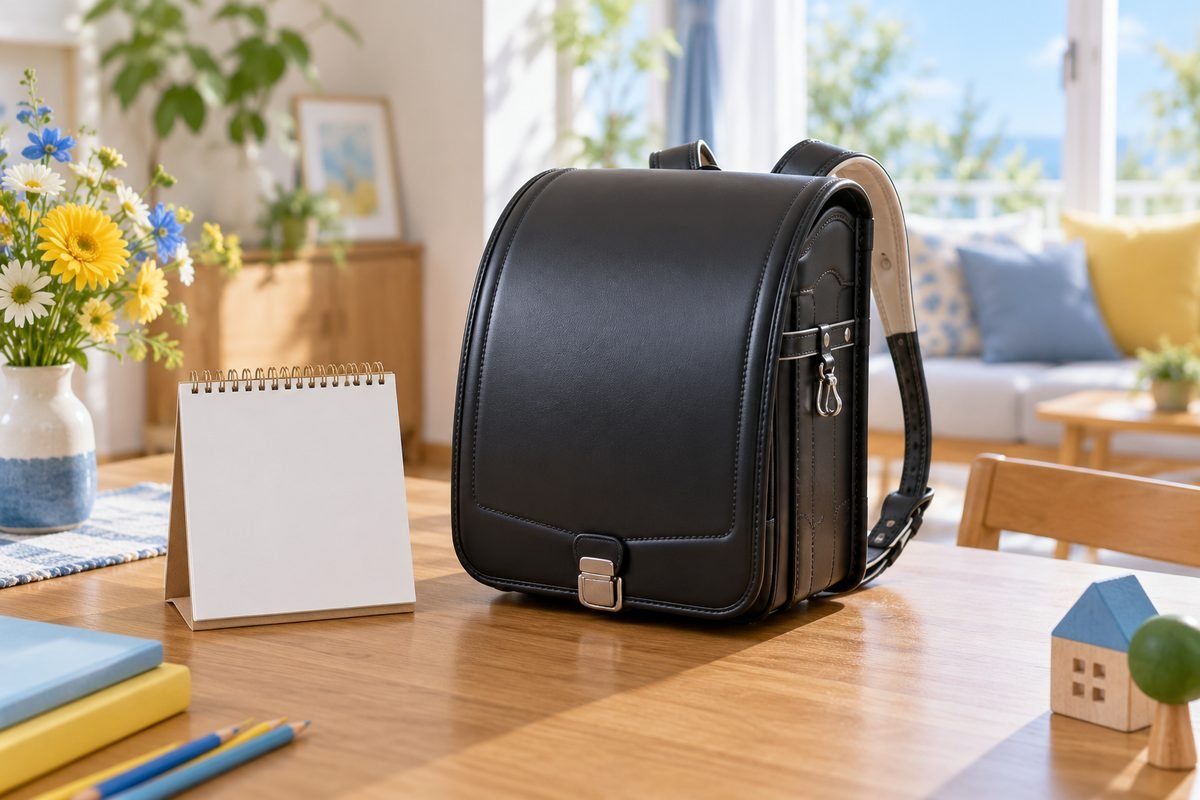 木の机の上の卓上カレンダーと、横に置いた黒いリュック型の小学生用通学かばん(ロゴ・文字なし・人物なし)