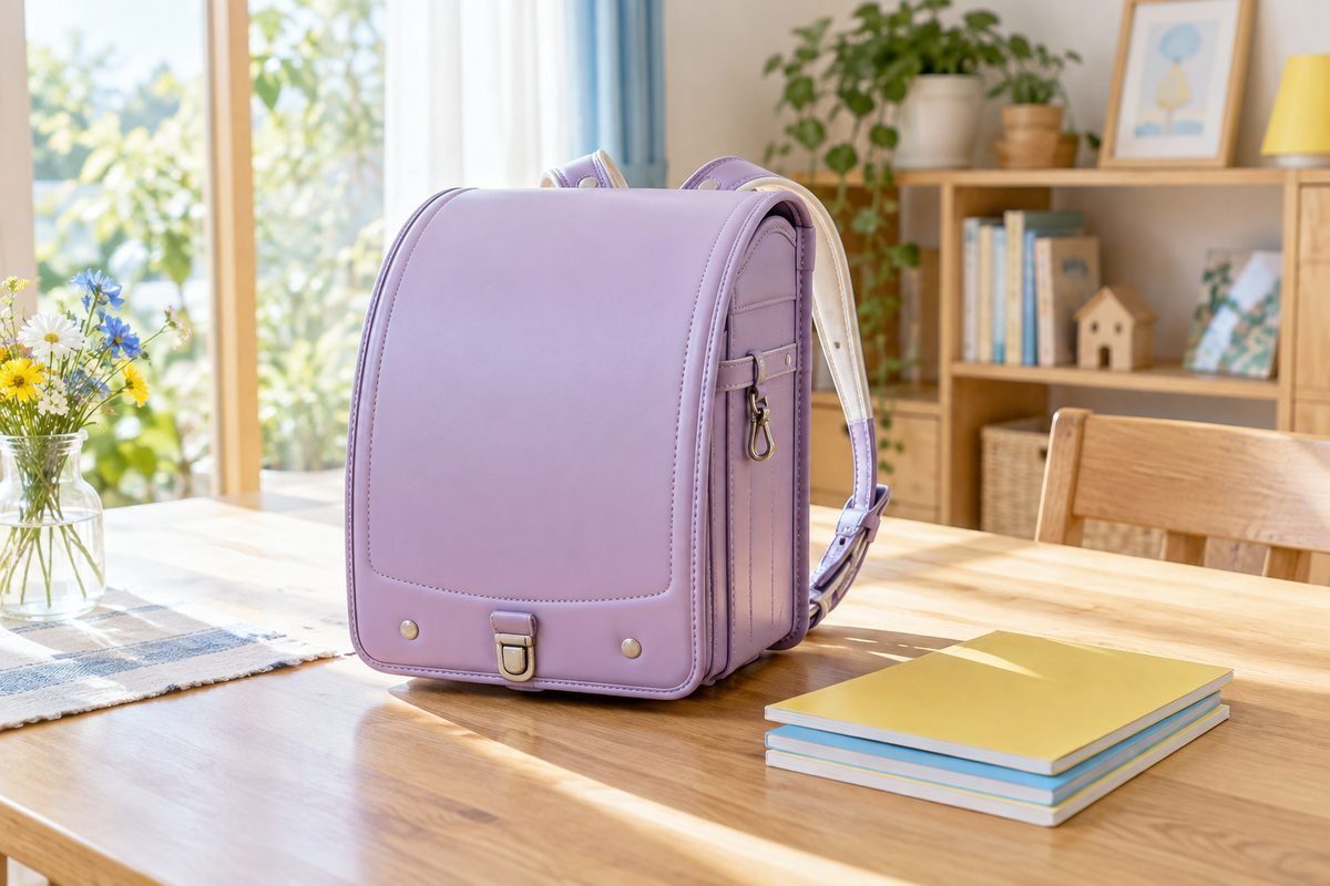入学準備の明るい部屋。日本の小学生用ランドセルと無地のノート
