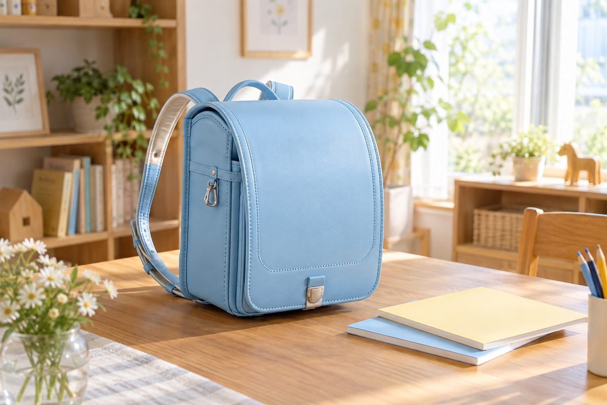 入学準備の明るい部屋。日本の小学生用ランドセルと無地のノート