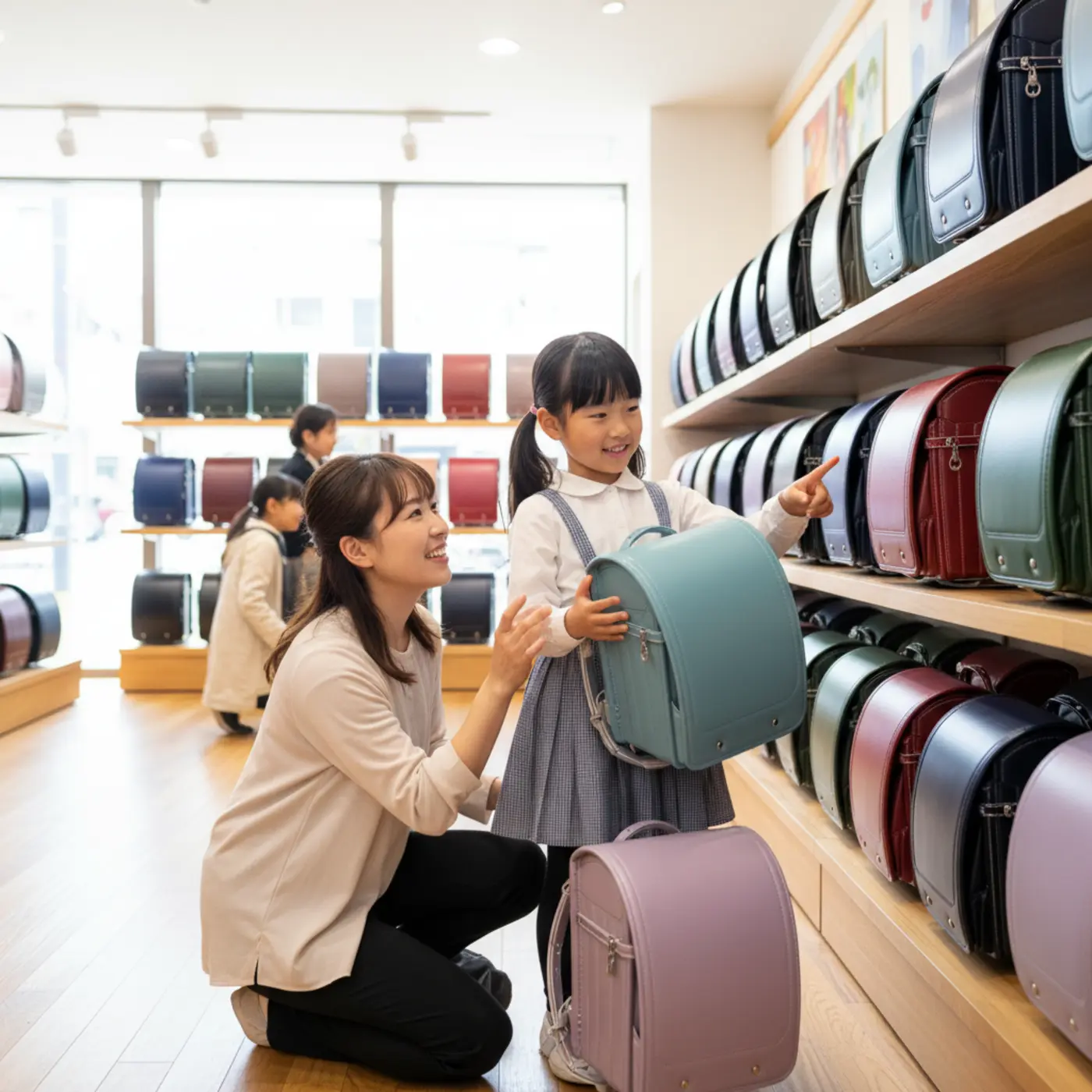 安いランドセル選びで後悔しないためのポイント。親子で様々な色のランドセルを比較しながら、6年間安心して使える一台を賢く選んでいる様子。