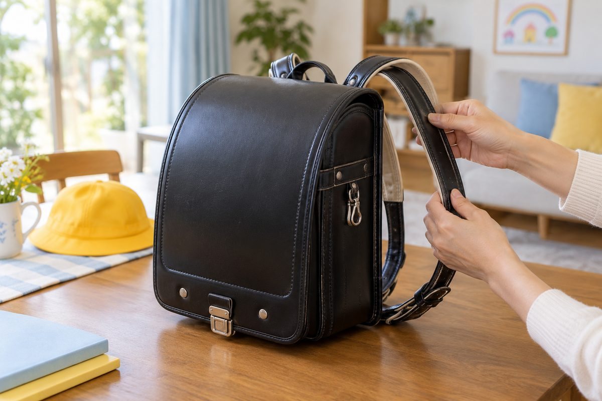 明るい部屋の木の机の上で、少し使い込まれた黒い日本の小学生用ランドセルの肩ベルトと金具を確かめる大人の手元（顔なし・ロゴ・文字なし）
