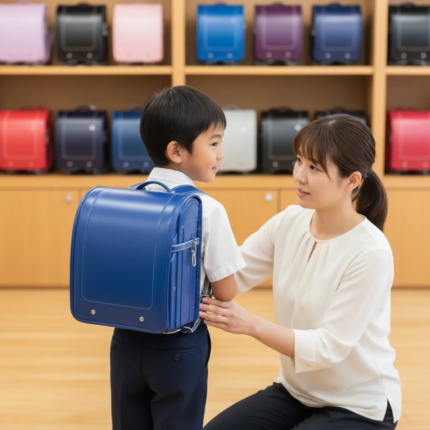 子供がランドセルを試着し、親が背負いやすさを確認している様子。ランドセル選びでは、背中との隙間や肩ベルトが浮いていないかチェックすることが大切です。