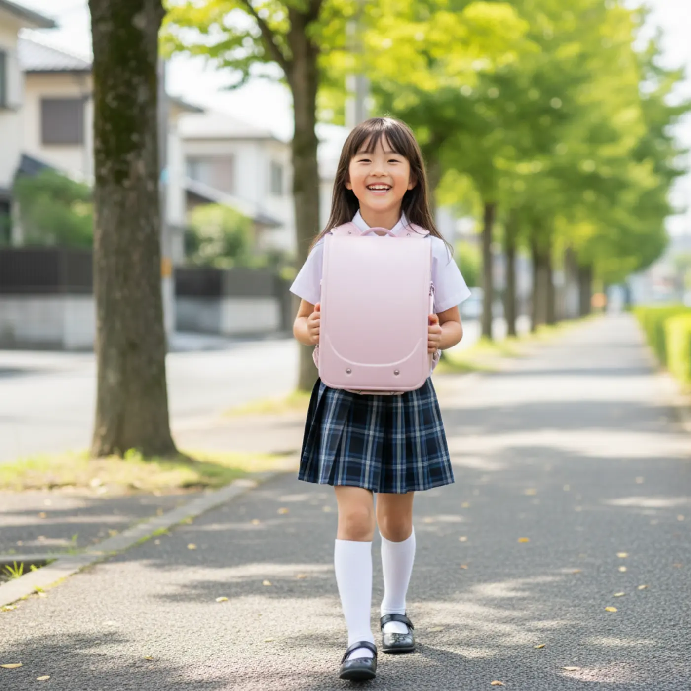 小学生の女の子が体にフィットした軽いランドセルを背負って笑顔で通学する様子。お子さんの負担にならない最軽量モデルの選び方を解説します。