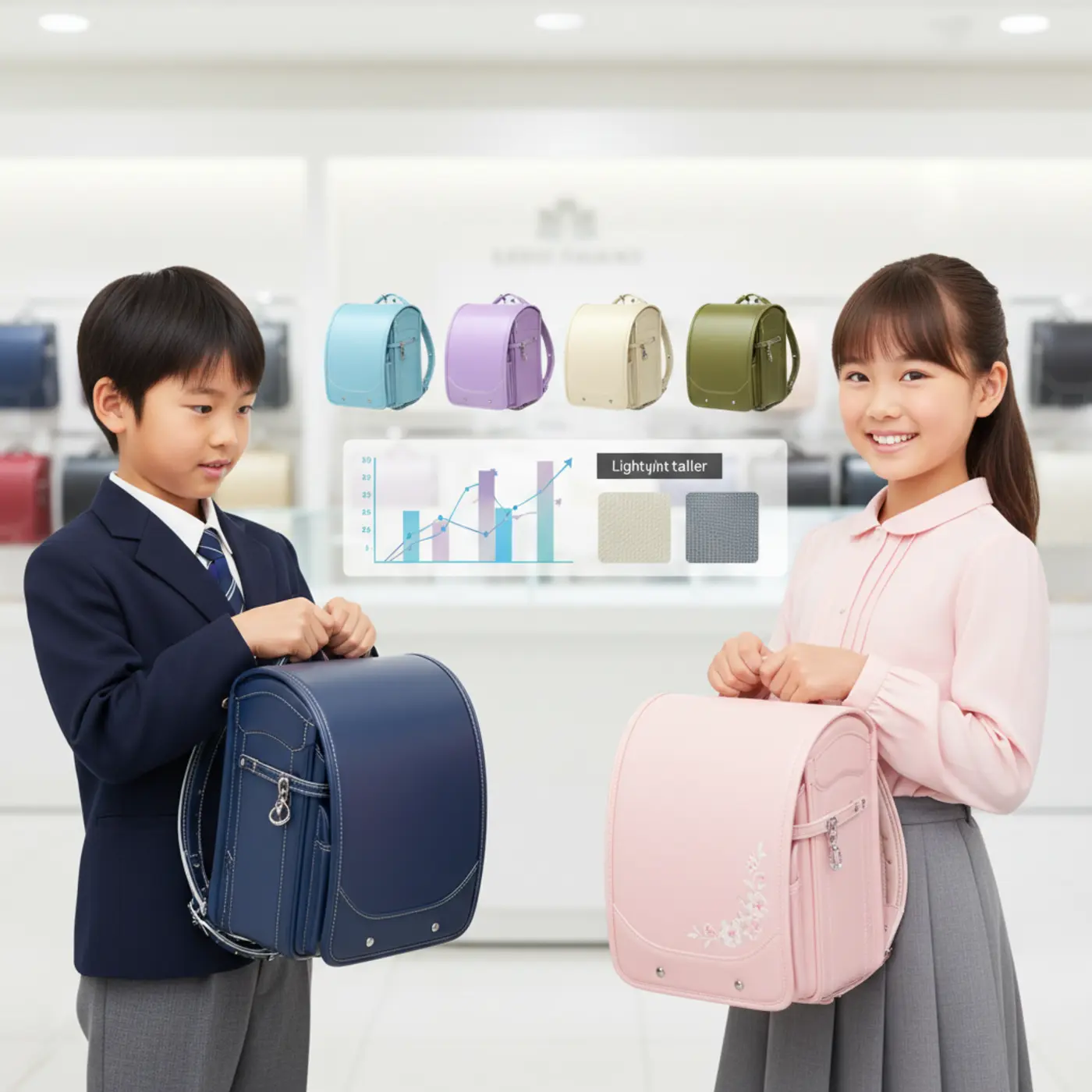 男の子・女の子に人気の最新モデルの中から、後悔しない一番軽いランドセルの見つけ方を解説。素材やブランドごとの特徴を比較し、最適な軽量ランドセルを選ぶための画像です。