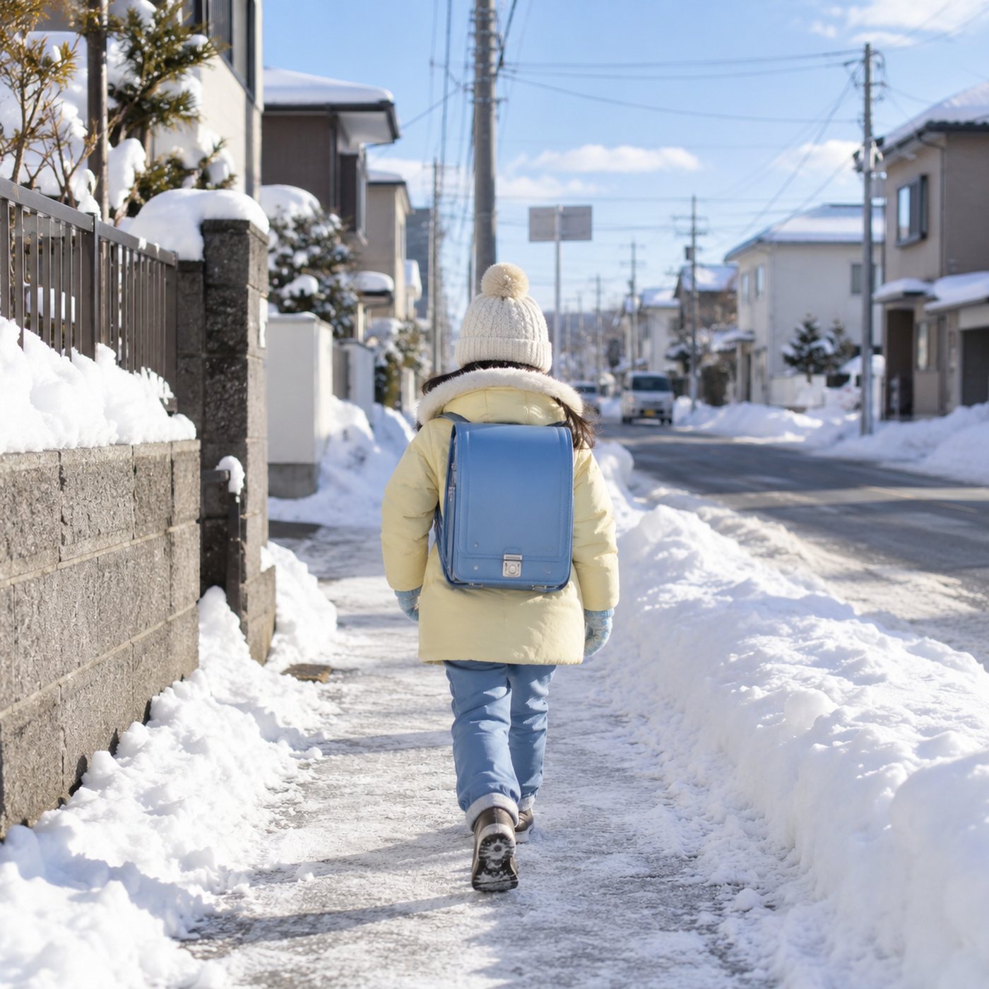雪の住宅街を布製通学バッグで登校する後ろ姿