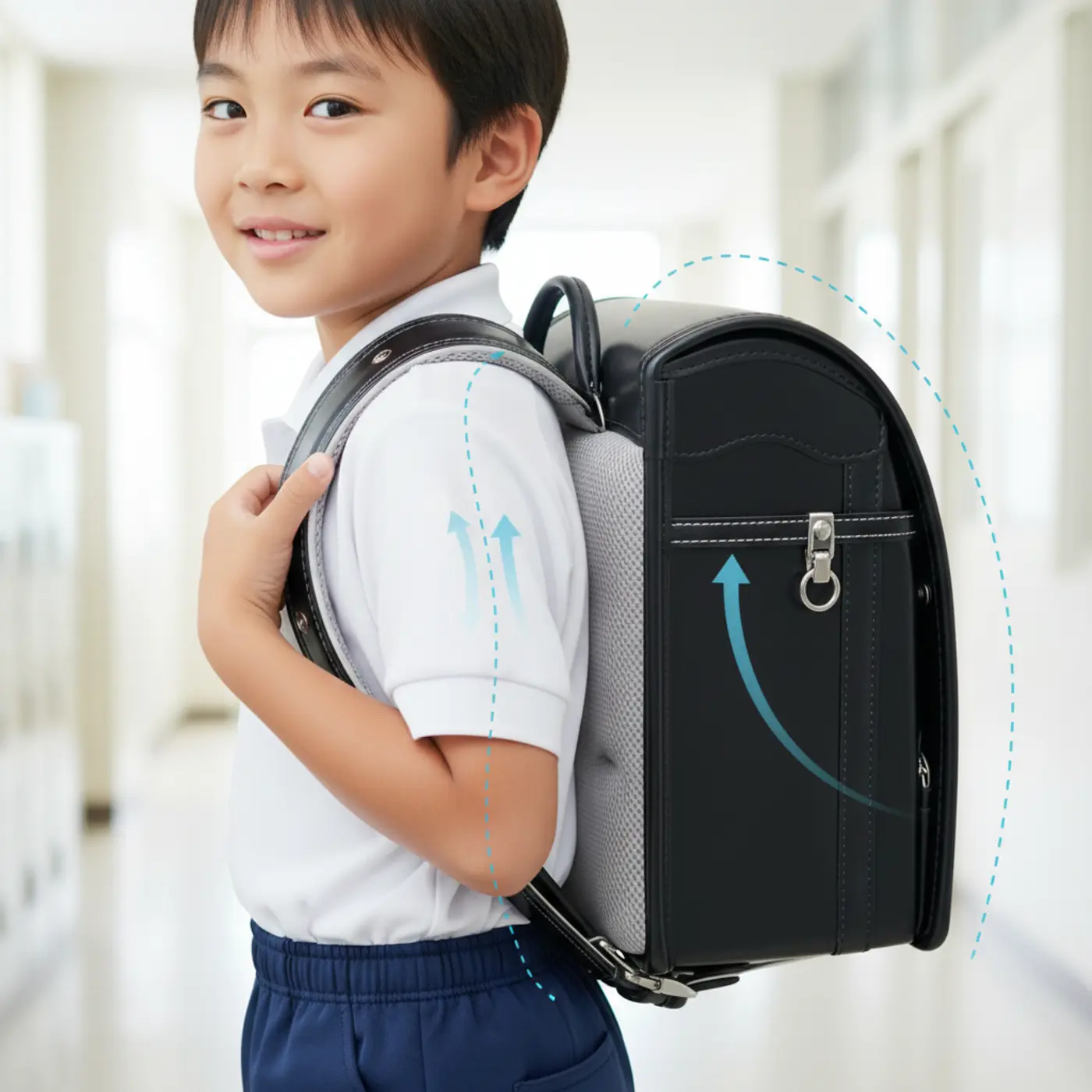 ランドセルの体感重量を軽くする機能の解説図。立ち上がり型背カンや体にフィットする肩ベルト、背あてクッションの構造が示され、背負いやすさの工夫が一目でわかるようになっている。