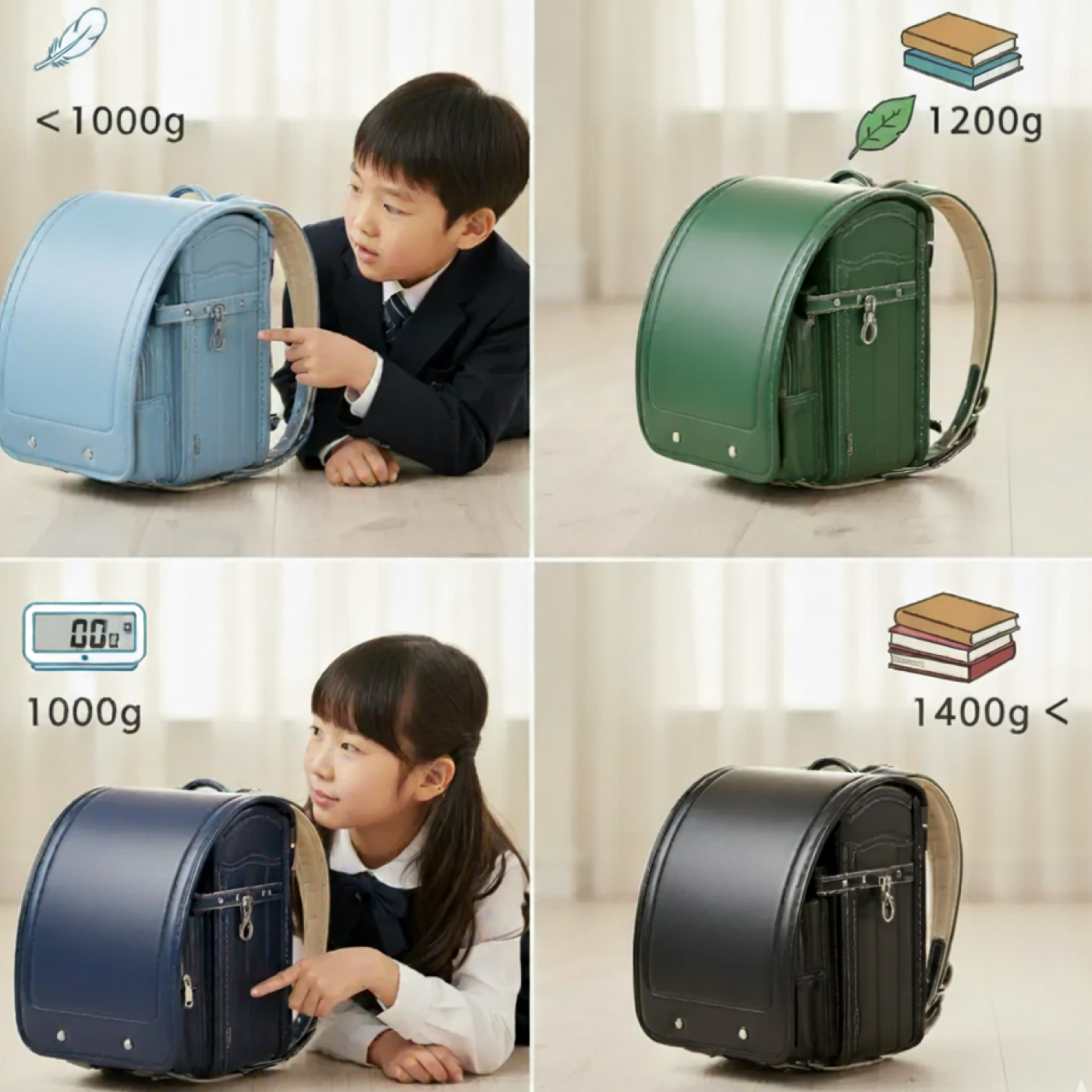 軽いランドセルは何グラムからか、重さの目安を分かりやすく解説する画像。1,000g未満の超軽量モデルから1,400g以上の重めモデルまでを比較し、お子様に最適なランドセル選びの参考になる情報です。
