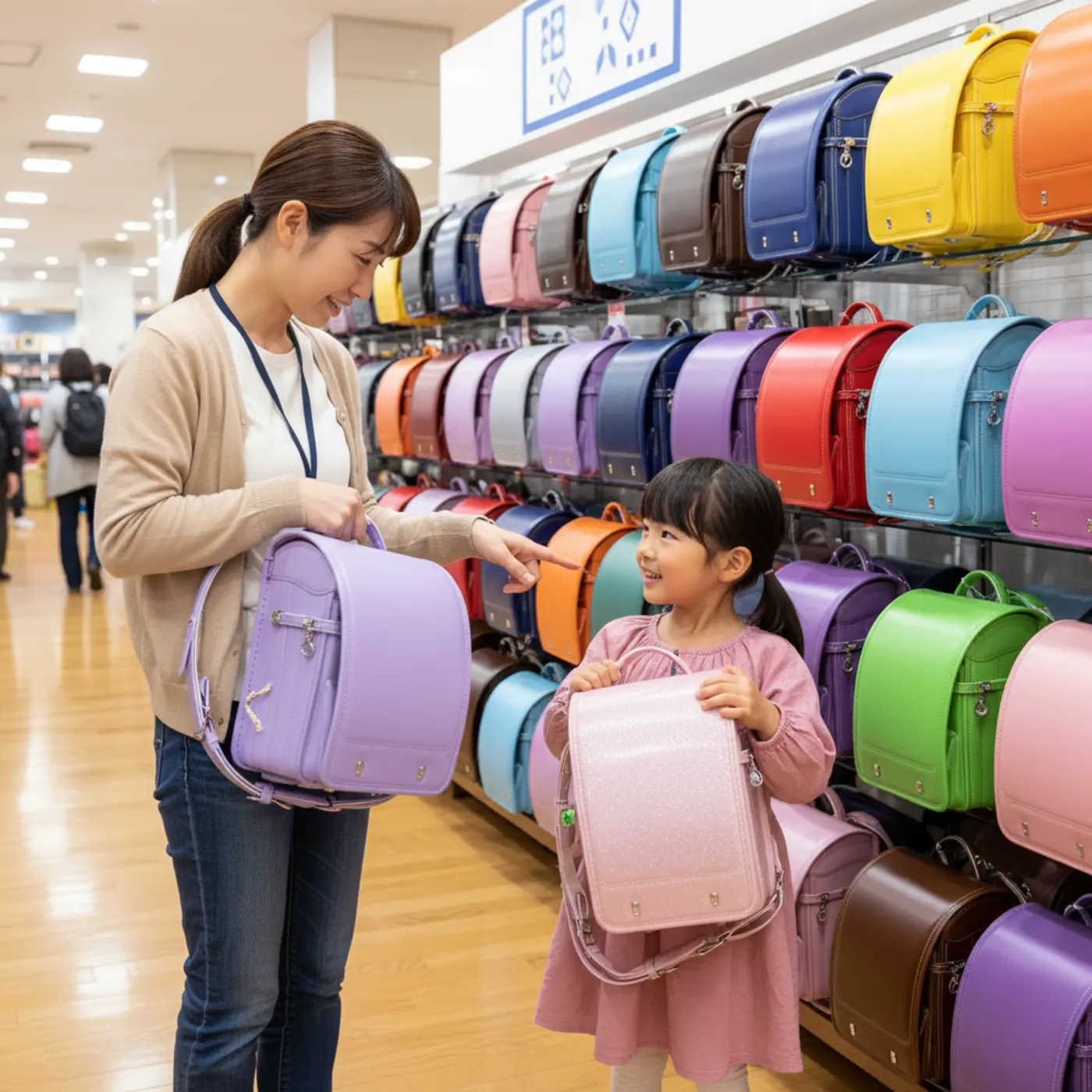カラフルなランドセルを前に、親子が話し合いながら選んでいる様子。子供の好みと親の希望を両立させ、後悔しないランドセル選びのコツを紹介する画像です。
