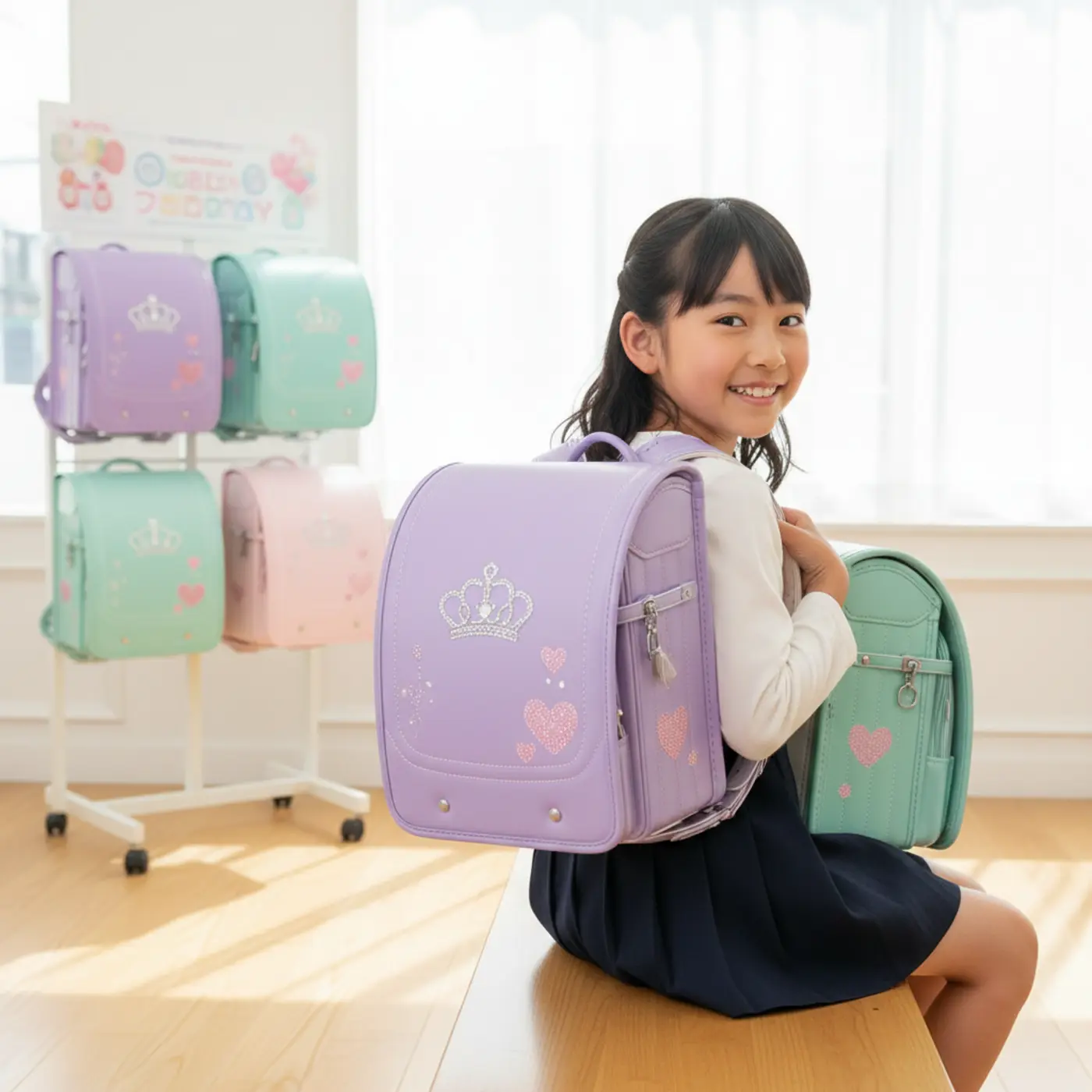 女の子に人気の軽量ランドセル。パープルやミントグリーンのパステルカラーで、ティアラやハートの刺繍が施された可愛らしいデザインのランドセルが並んでいる。