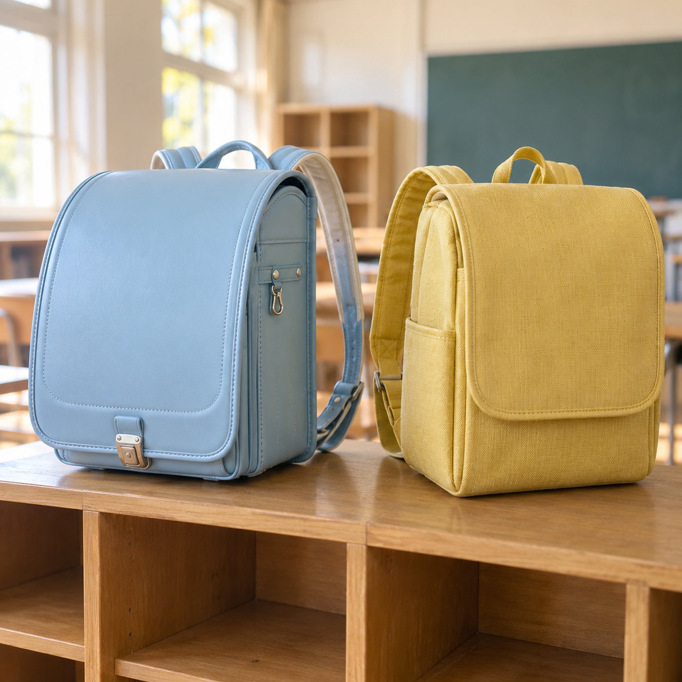 荷物棚に並ぶランドセルと布製箱型通学バッグ