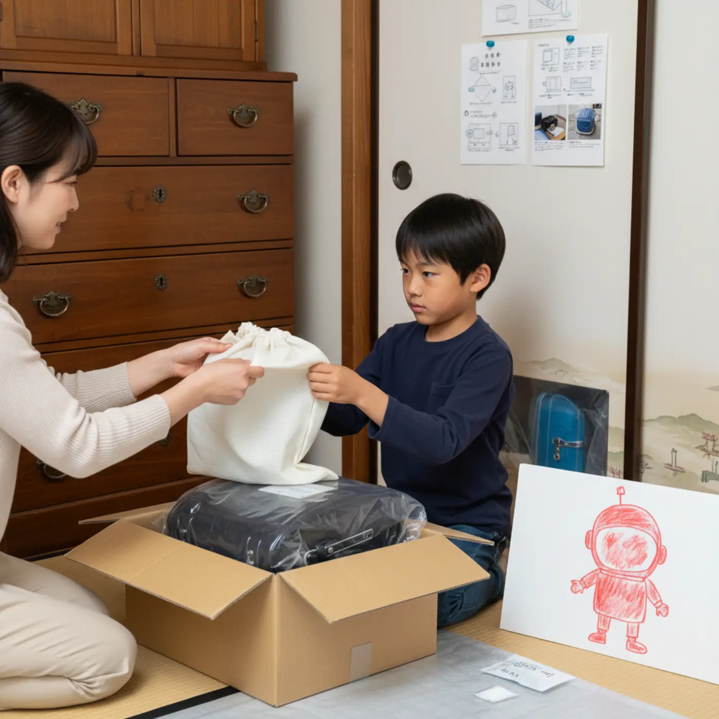 購入したばかりの新品のランドセルが箱に入った状態で保管されている。入学式までカビや型崩れを防ぐための、後悔しないランドセルの正しい長期保管方法と子供の心変わり対策を解説。