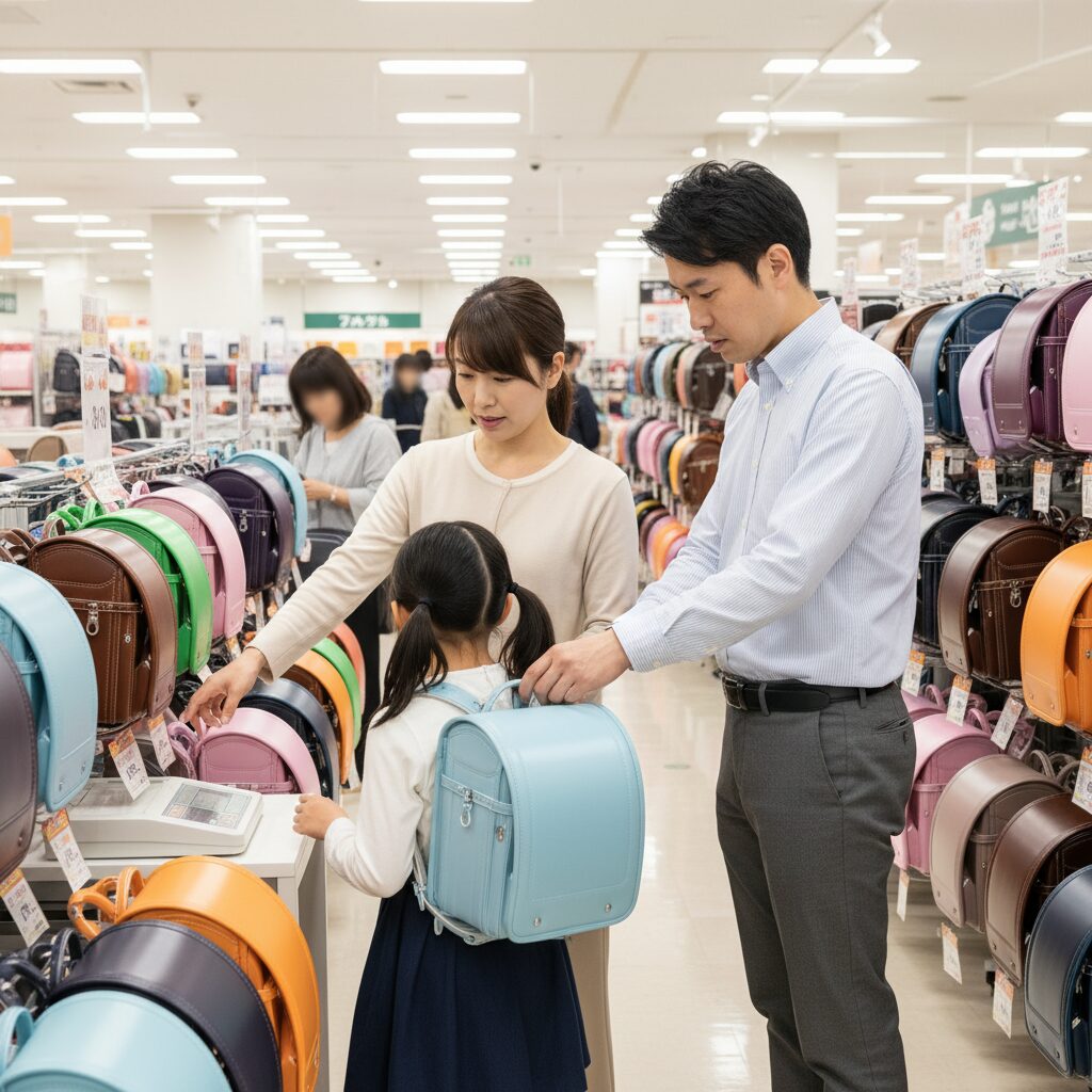 ランドセル売り場でカラフルなランドセルを背負って親子で選んでいる様子。後悔しない重さ選びを真剣に話し合う家族のイメージ。