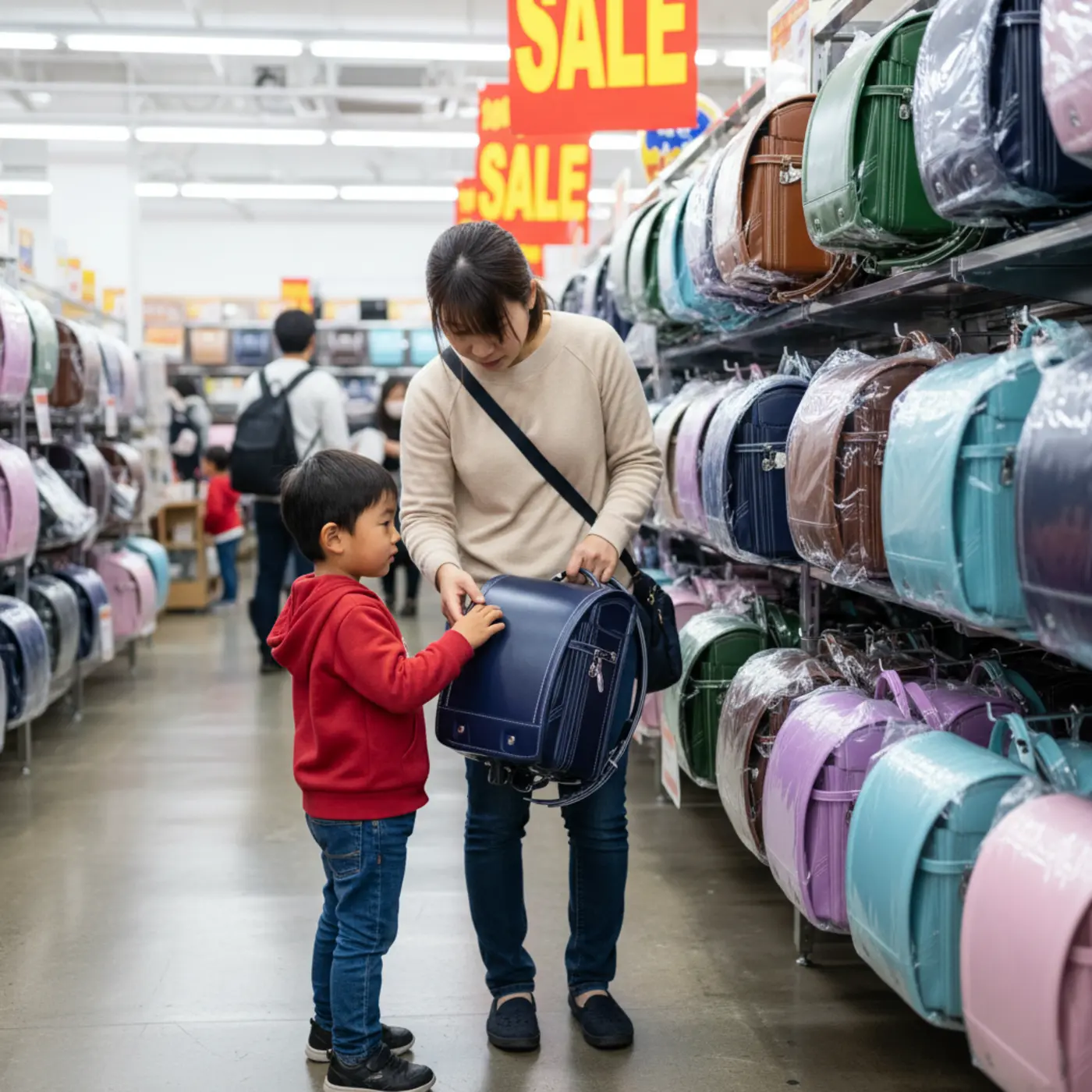 アウトレットでランドセルを選ぶ親子。2026年度入学向けに、型落ち品で後悔しないための賢い選び方のポイントを解説する記事のイメージ画像。