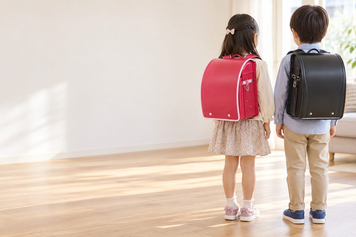 キッズアミのペリカンポッケ PLUS+を背負った女の子と、キッズアミのペリカンポッケ PLUS+を背負った男の子の後ろ姿