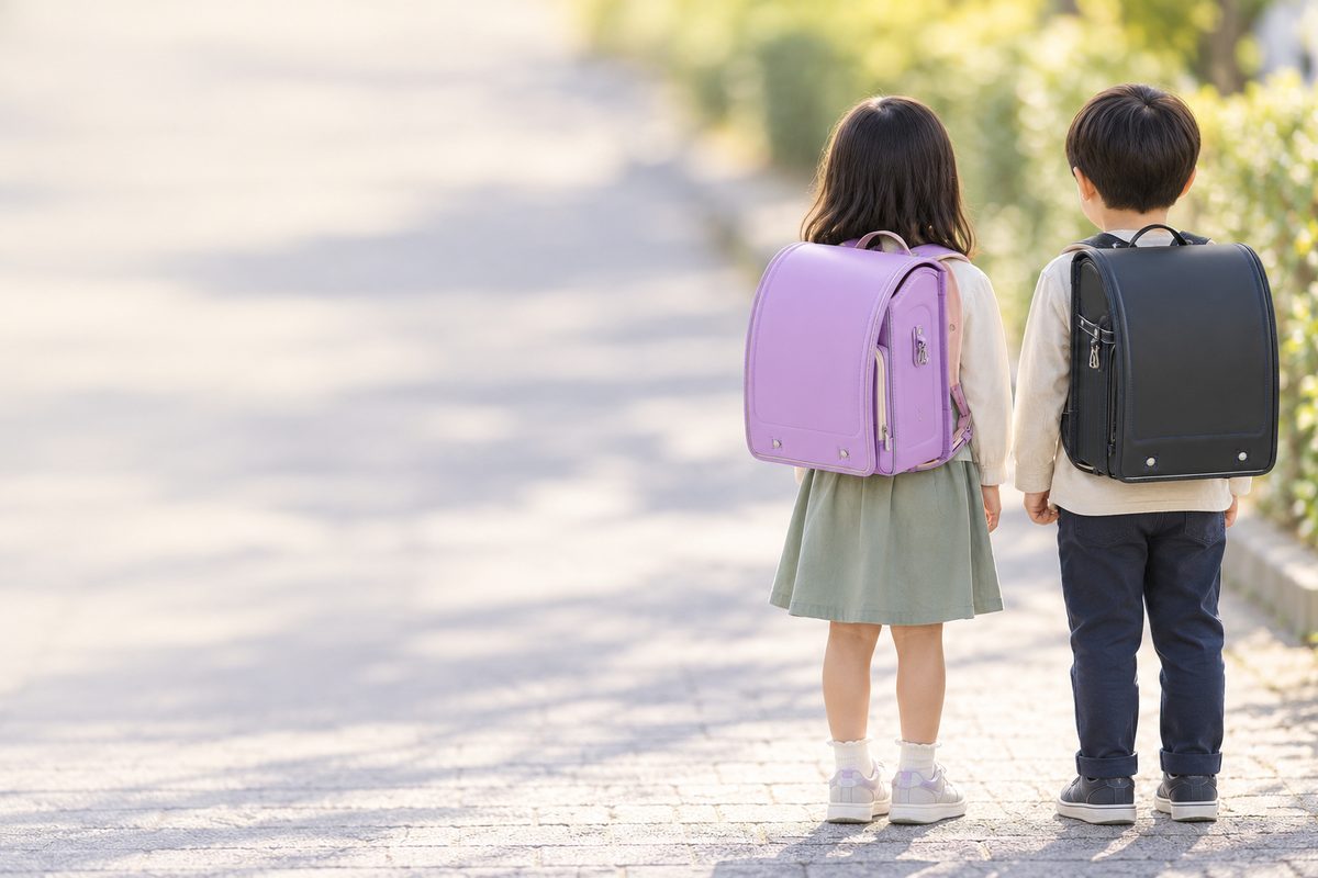 村瀬鞄行のエアリープリモを背負った女の子と、村瀬鞄行のレザーボルカを背負った男の子の後ろ姿