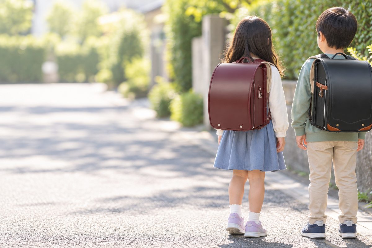 大峽製鞄のオオバランドセル コードバンスタンダード 2027年ご入学用 ランドセルを背負った女の子と、大峽製鞄のオオバランドセル ハーモニック 2027年ご入学用 ランドセルを背負った男の子の後ろ姿