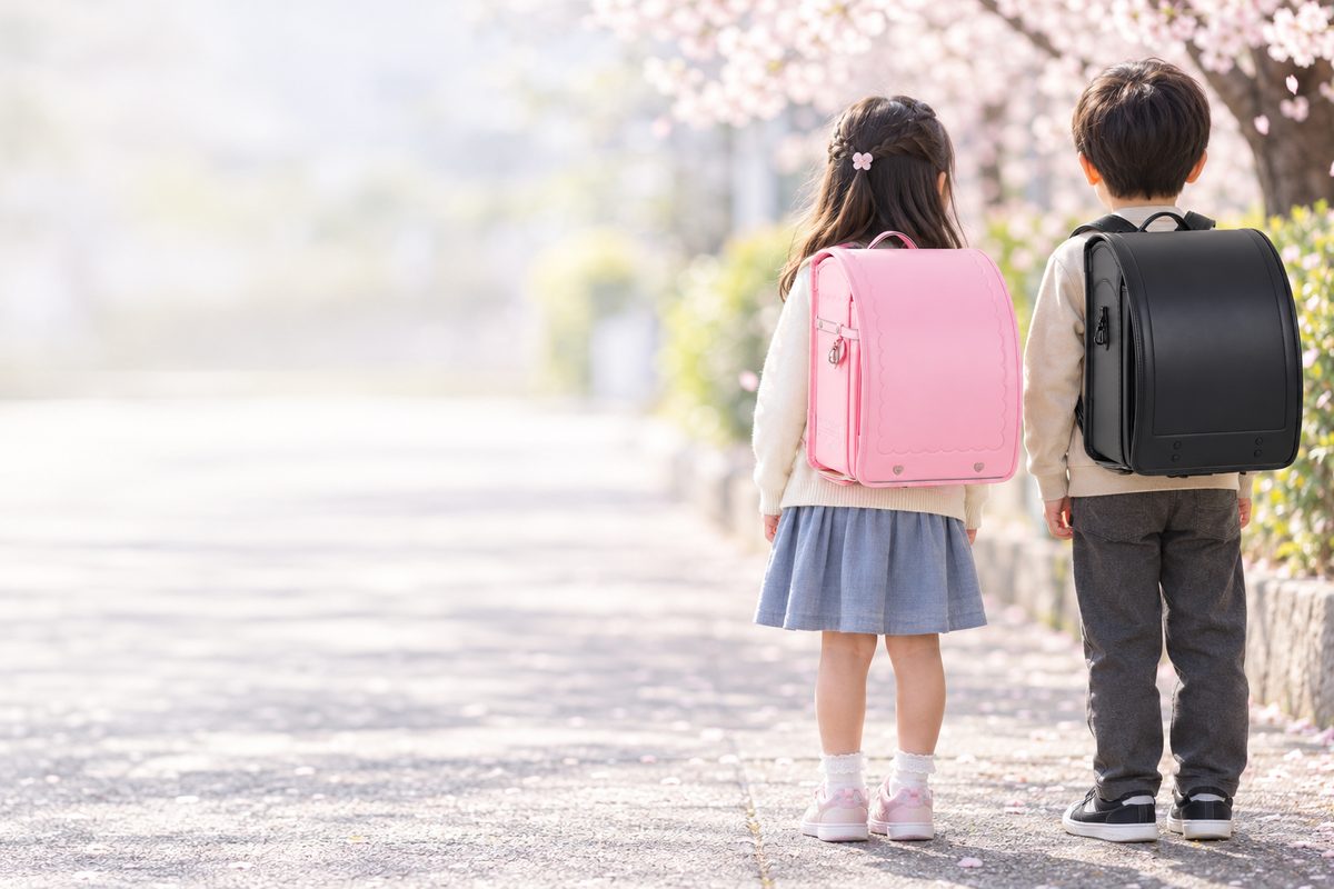 樋口鞄工房のリトルリトッティを背負った女の子と、樋口鞄工房のMONOを背負った男の子の後ろ姿