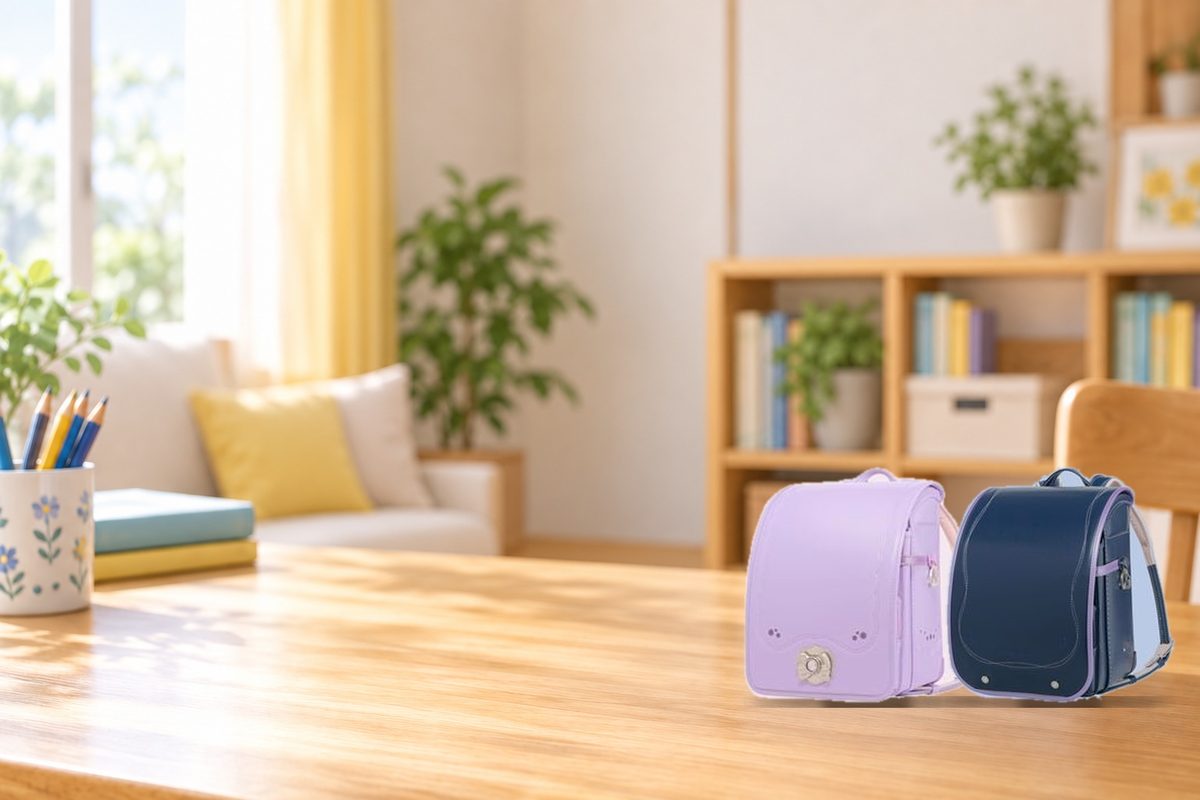 くるピタランドセルのセレクト ラベンダー、くるピタランドセルのマカロンリボン ブルーベリー・パールラベンダーを並べた写真
