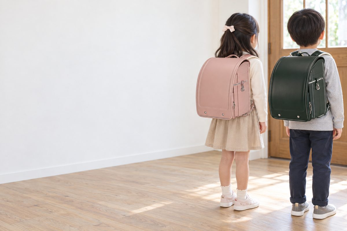 ふわりぃのきせかえ NANIKAを背負った女の子と、ふわりぃのネオクラシコを背負った男の子の後ろ姿