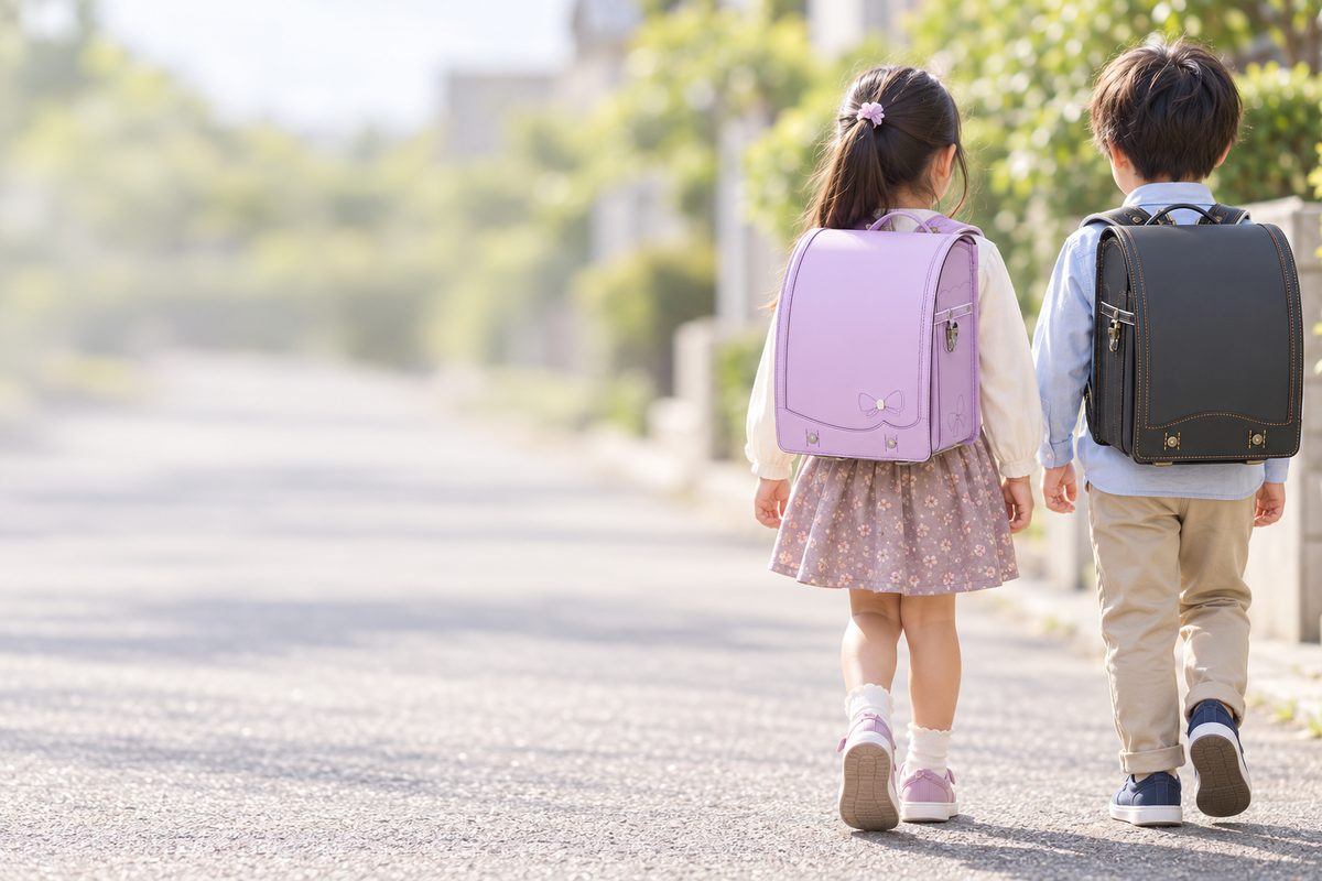 鞄工房山本のドゥ・アンジェールを背負った女の子と、鞄工房山本のリベルタ・クラシックを背負った男の子の後ろ姿