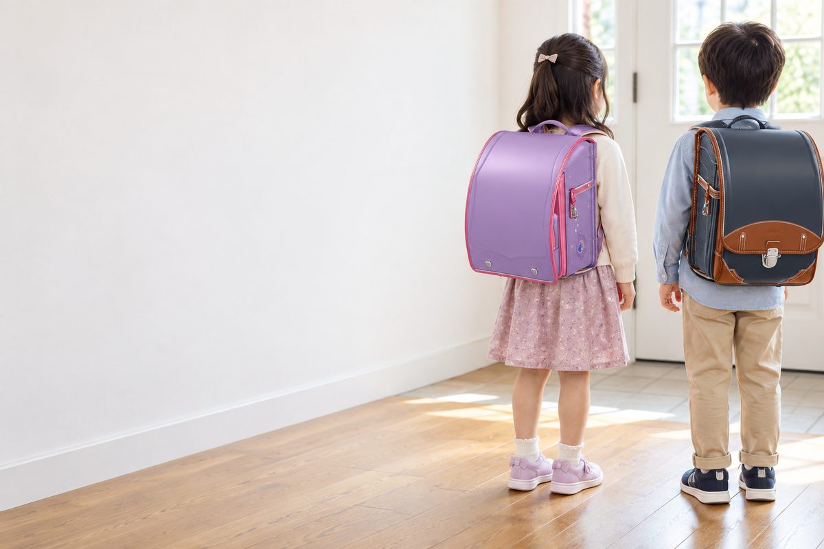 セイバンのファンタジーを背負った女の子と、セイバンのオロビアンコを背負った男の子の後ろ姿