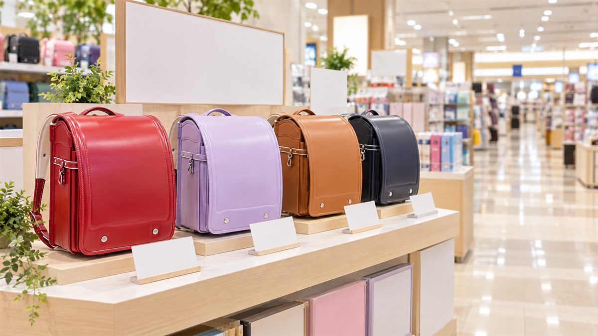 大型スーパーの売り場にランドセルが並ぶ展示台のイメージ