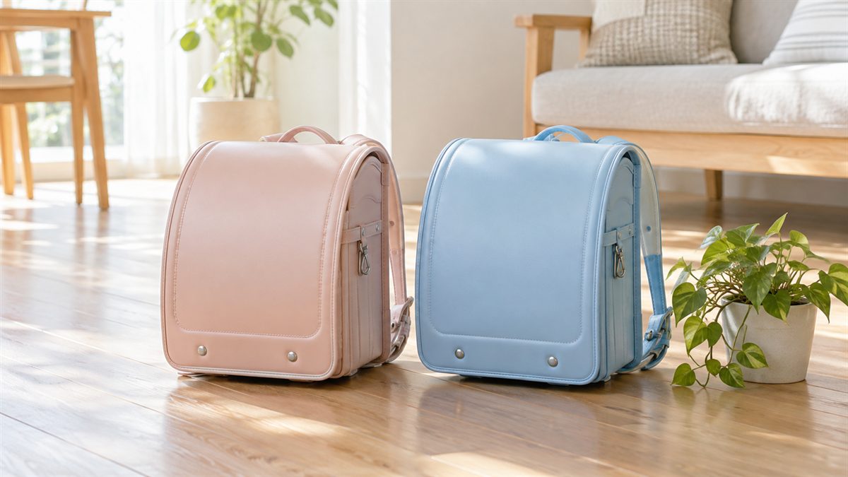 床に置かれたピンクと水色のランドセルのイメージ