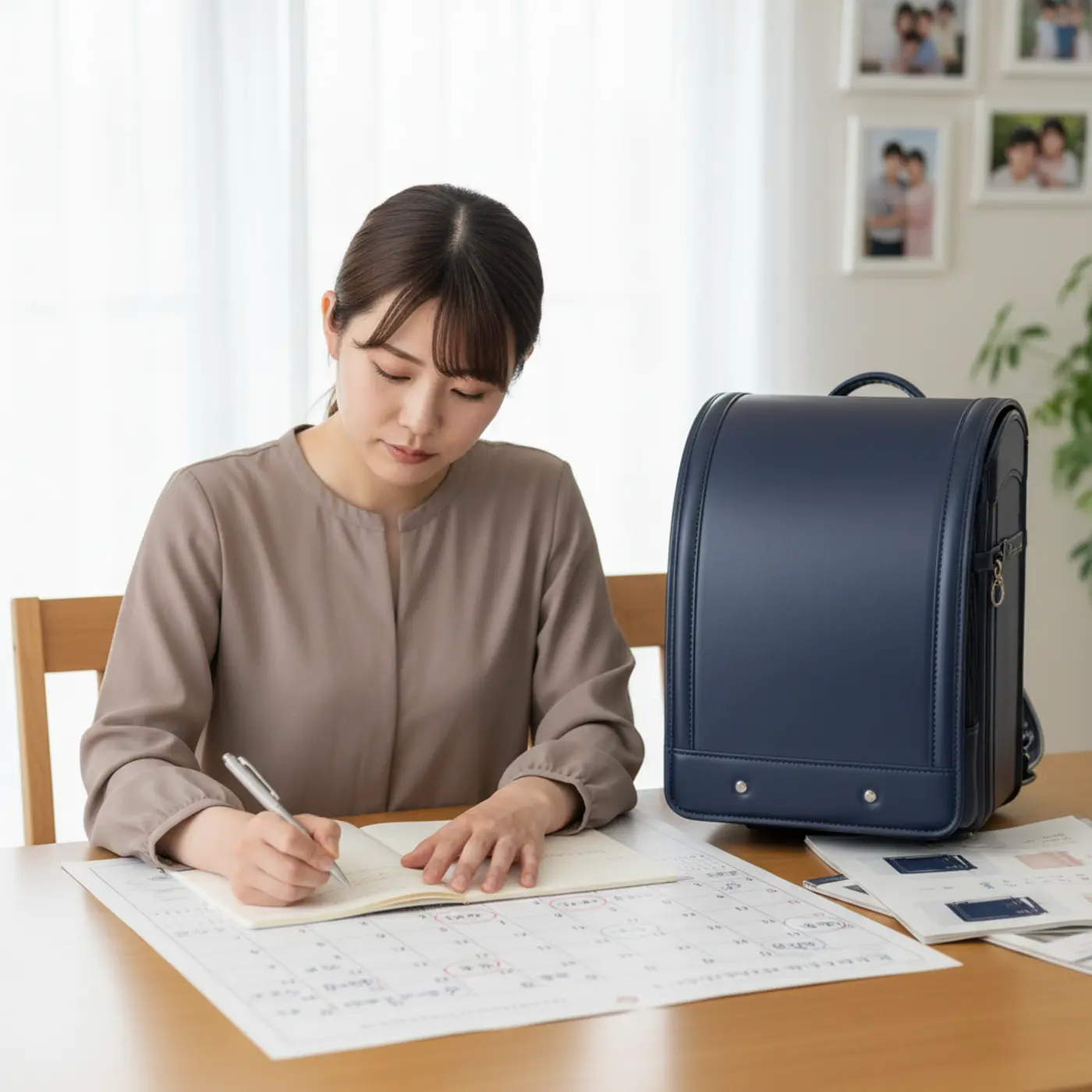 後悔しないランドセル選びの計画を立てているイメージ。カレンダーを前に、いつまでに買うか、一番安い時期はいつかなど、購入のポイントを確認している様子。
