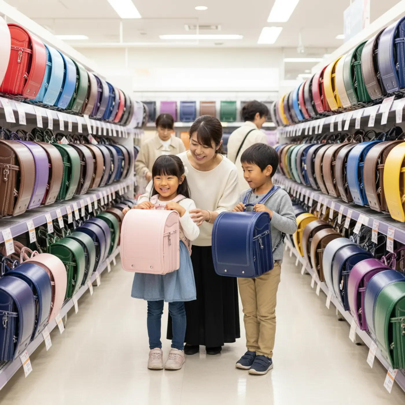 百貨店でカラフルなランドセルを親子が楽しそうに選んでいる様子。後悔しないランドセルの選び方や、どこで買うか迷っている方への購入場所ガイド。