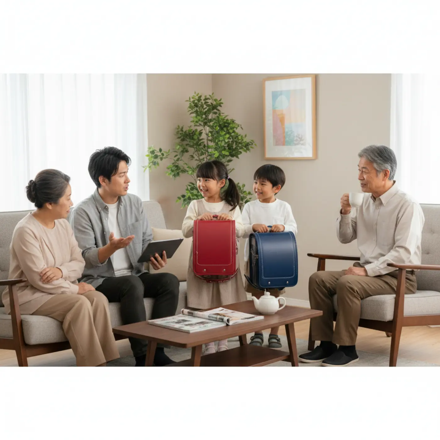 2025年の小学校入学を控え、ランドセルは誰が買うかについて話し合う家族。祖父母と揉めないための購入マナーや、上手な断り方を解説する記事のイメージ。