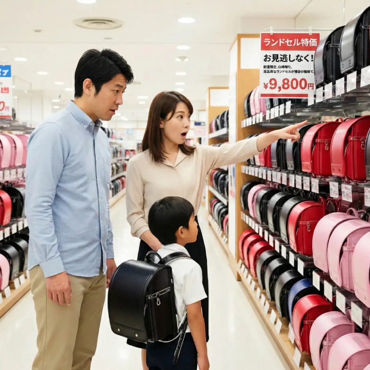 ランドセル売り場で値札を見て、価格の高さに驚く親子。2025年のランドセルはなぜ高いのか、その理由と賢い選び方を解説する記事のイメージ。